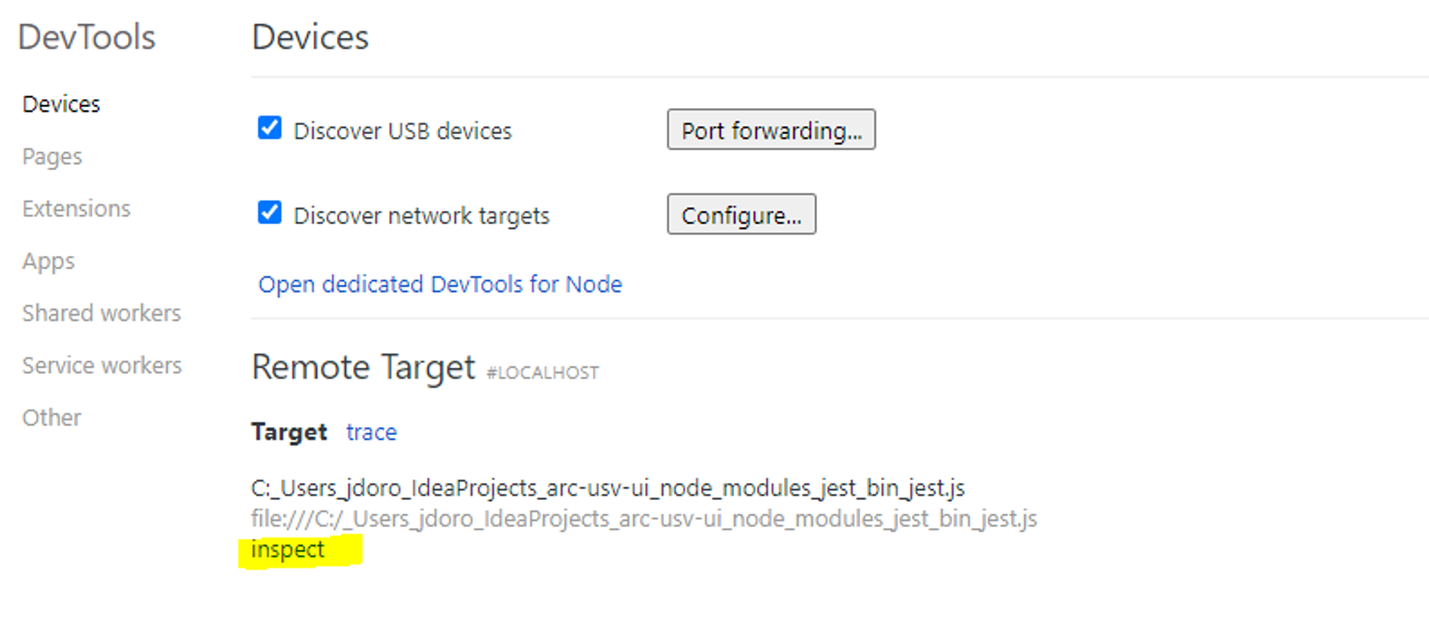 Chrome DevTools Inspect Jest Process